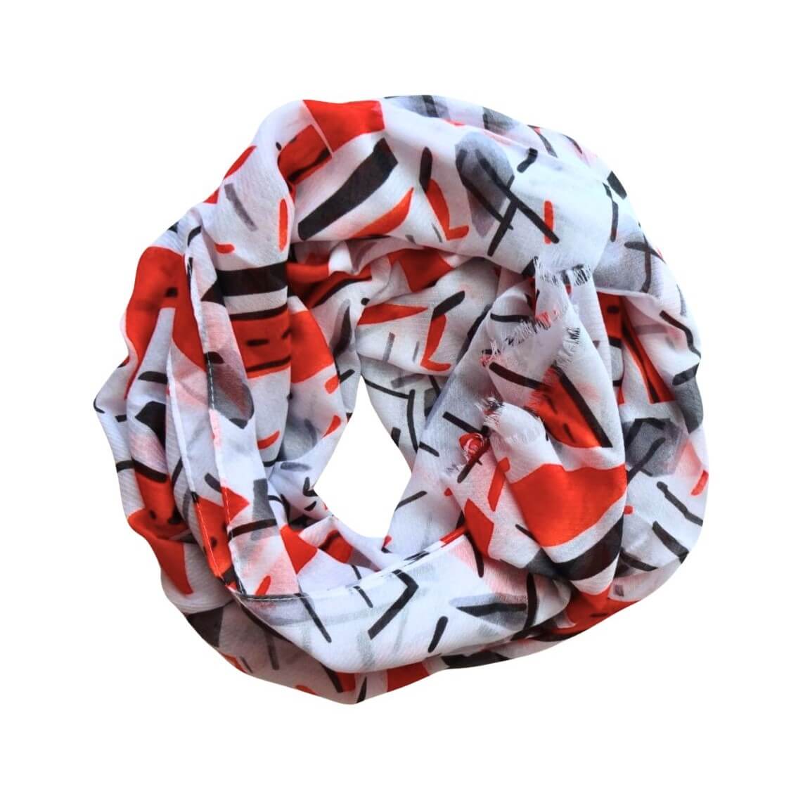 Aurora's Array: A lightweight scarf with a modern abstract print in white, red, and black, arranged in a circular shape.