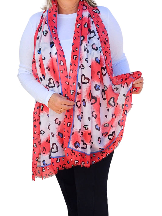 Vibrant Colourful Soft Love Hearts Print Scarf - in Red, Blue or Green
