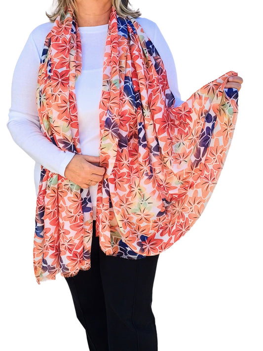 Red Floral Oversized Scarf: Bloom All Year - red-floral-print-design-super-soft-oversized-lightweight-scarf-wrap-shawl-Scarf