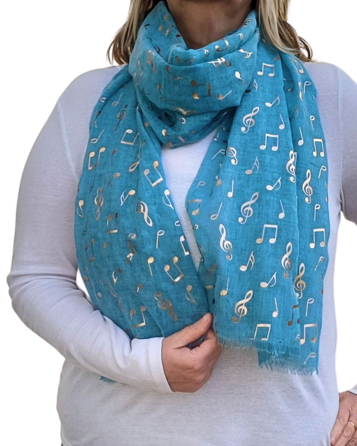 Aurora's Array: Turquoise scarf with gold music note design.