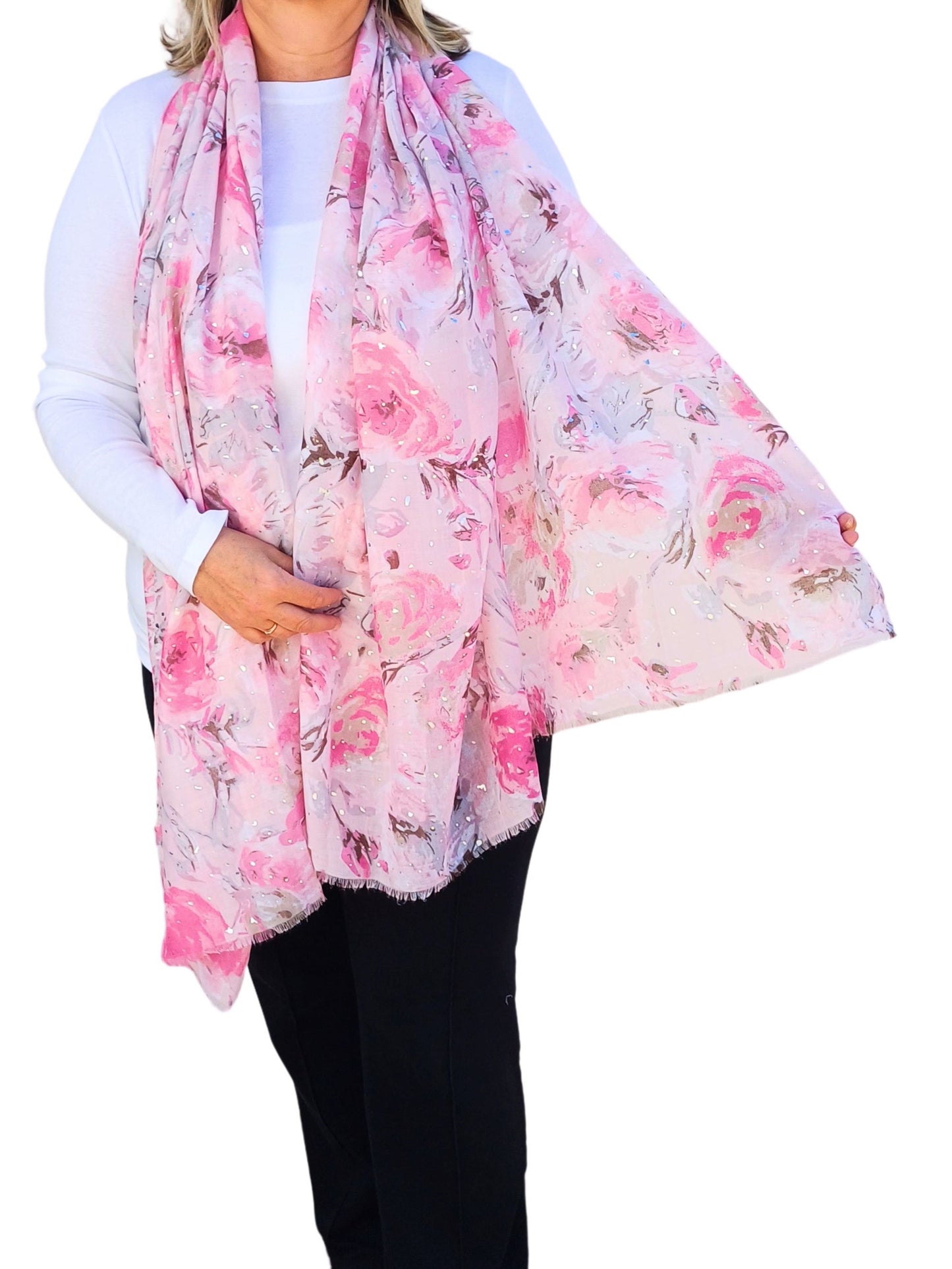 Silver Foil Speckled Rose Floral Print Frayed Scarf - silver-foil-speckled-rose-floral-print-frayed-scarf-Scarf