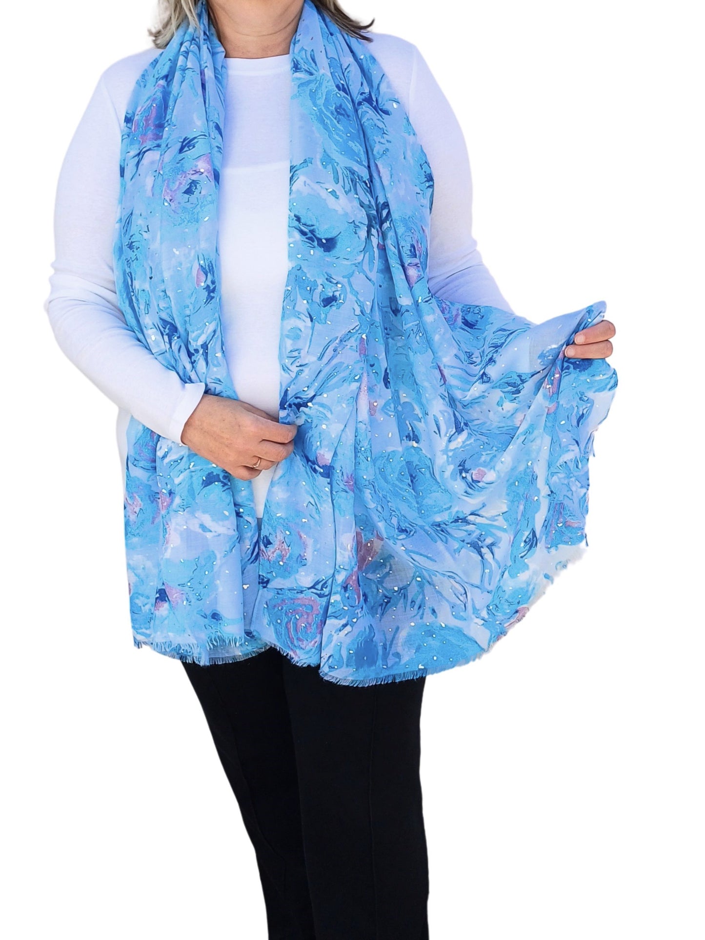 Silver Foil Speckled Rose Floral Print Frayed Scarf - silver-foil-speckled-rose-floral-print-frayed-scarf-Scarf