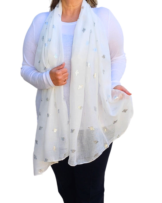 White-Lightweight-Scarf-with-Silver-Bee-Prints-on-a-model