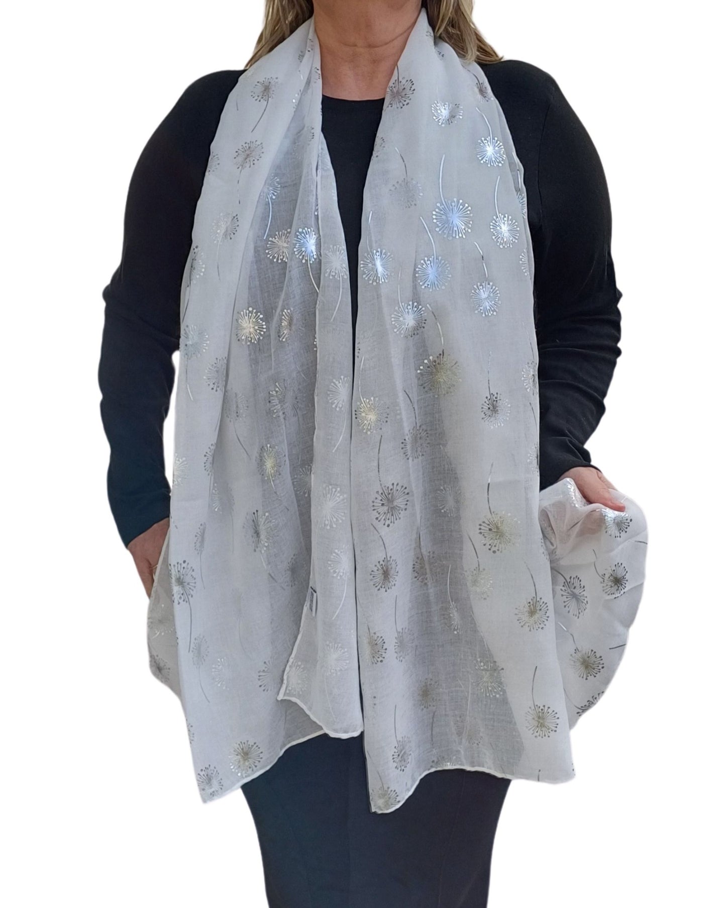 Silver Dandelion Print Scarf – Lightweight Soft Cotton-Viscose Blend with Metallic Foil