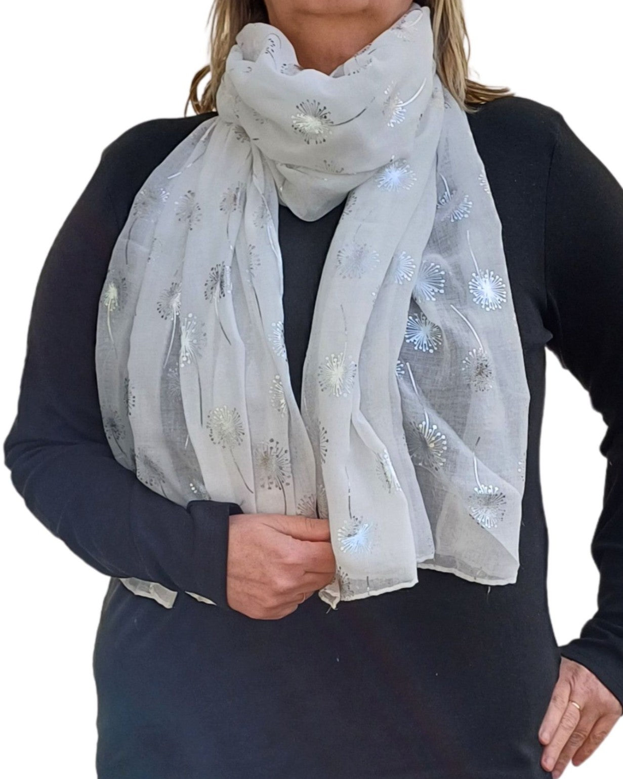 Silver Dandelion Print Scarf – Lightweight Soft Cotton-Viscose Blend with Metallic Foil