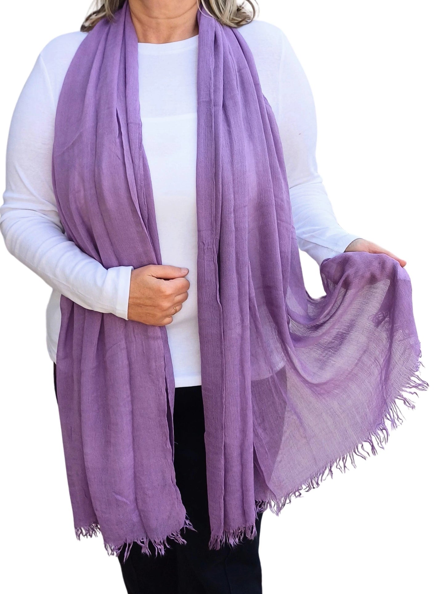 Plain oversized lightweight scarf in lilac lavender with soft frayed edges