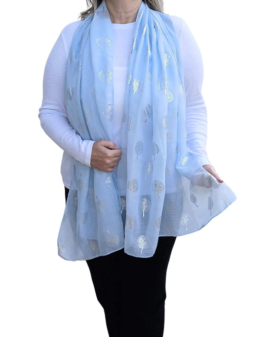 Light blue Silver Tree of Life foil scarf – soft cotton-viscose blend