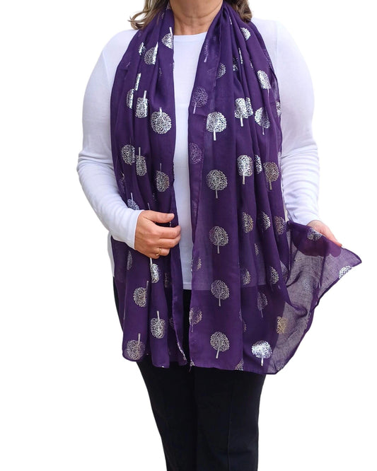 Purple Silver Foil Tree of Life Scarf styled as a wrap – Aurora’s Array