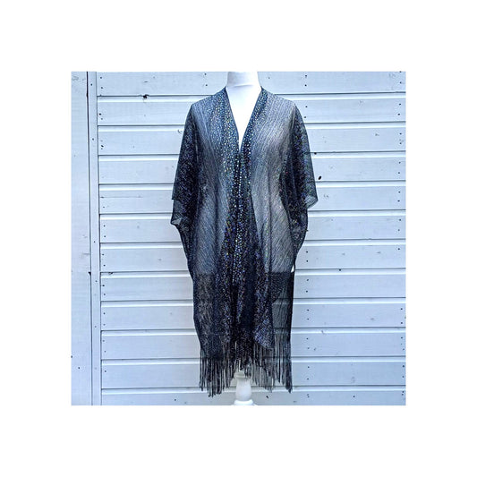 Black sparkly lace kimono with multicolour glitter and draped fringe hem; evening shawl or beach wrap