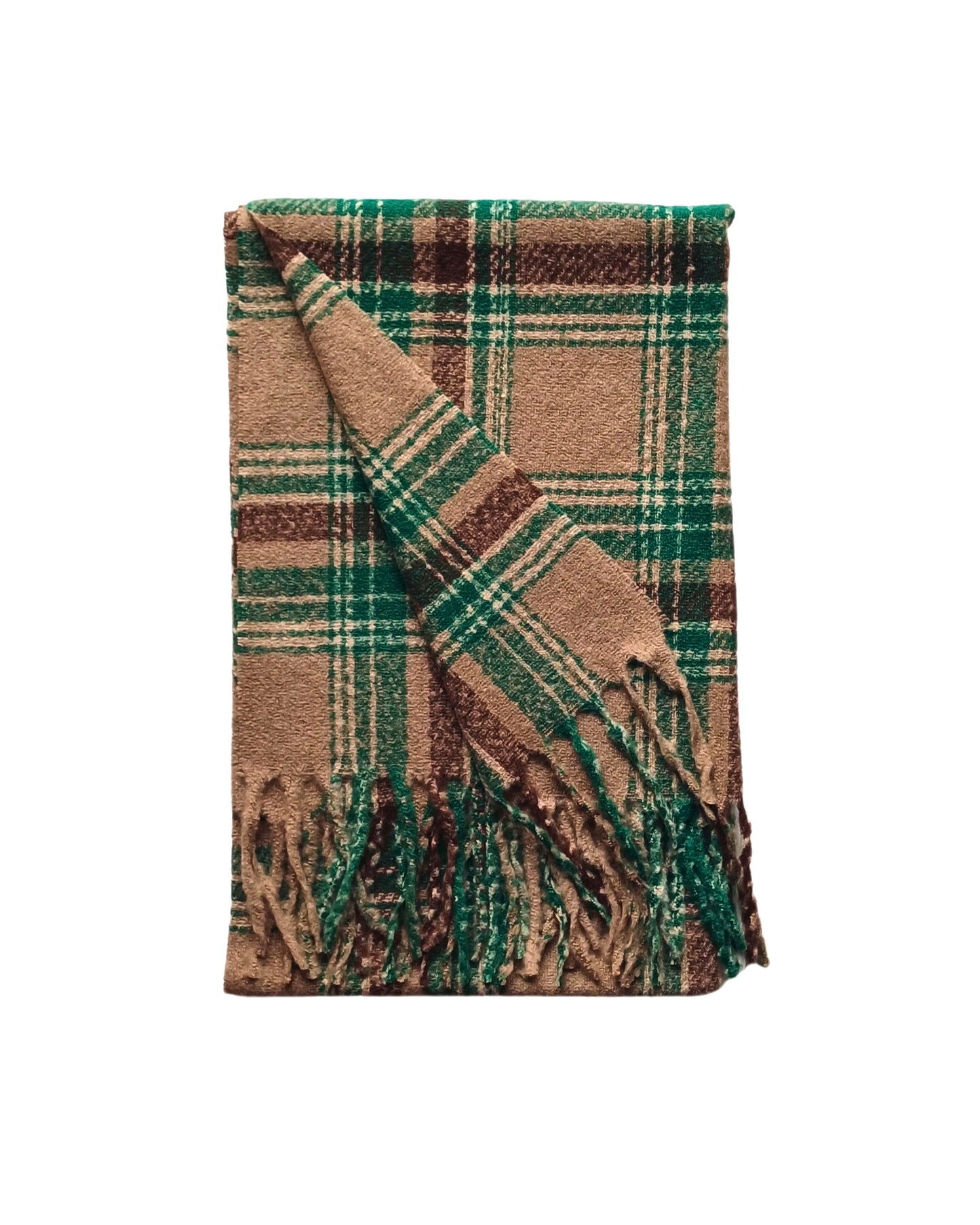 Aurora's Array: Folded tartan scarf in shades of taupe, brown, and green with a fringed edge, suggesting a cosy and stylish gift.
