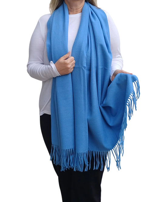 Blue cashmere blend blanket scarf shown full length, medium weight with tassels, elegant and versatile for winter styling