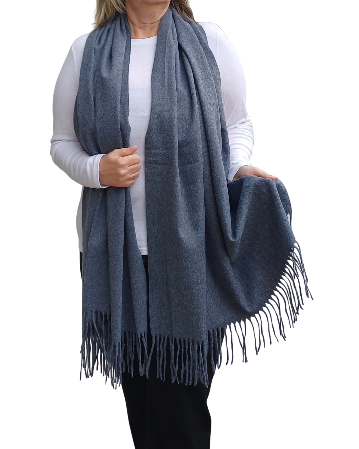 Dark grey cashmere blend blanket scarf photographed full length, medium weight with tassels, classic neutral winter piece