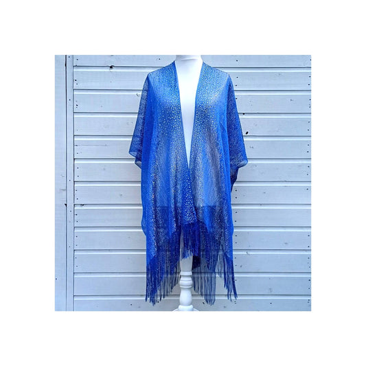 Cobalt blue sparkly lace kimono cover‑up with rhinestone scatter and swingy fringe, lightweight layer for resort or festivals, one size.
