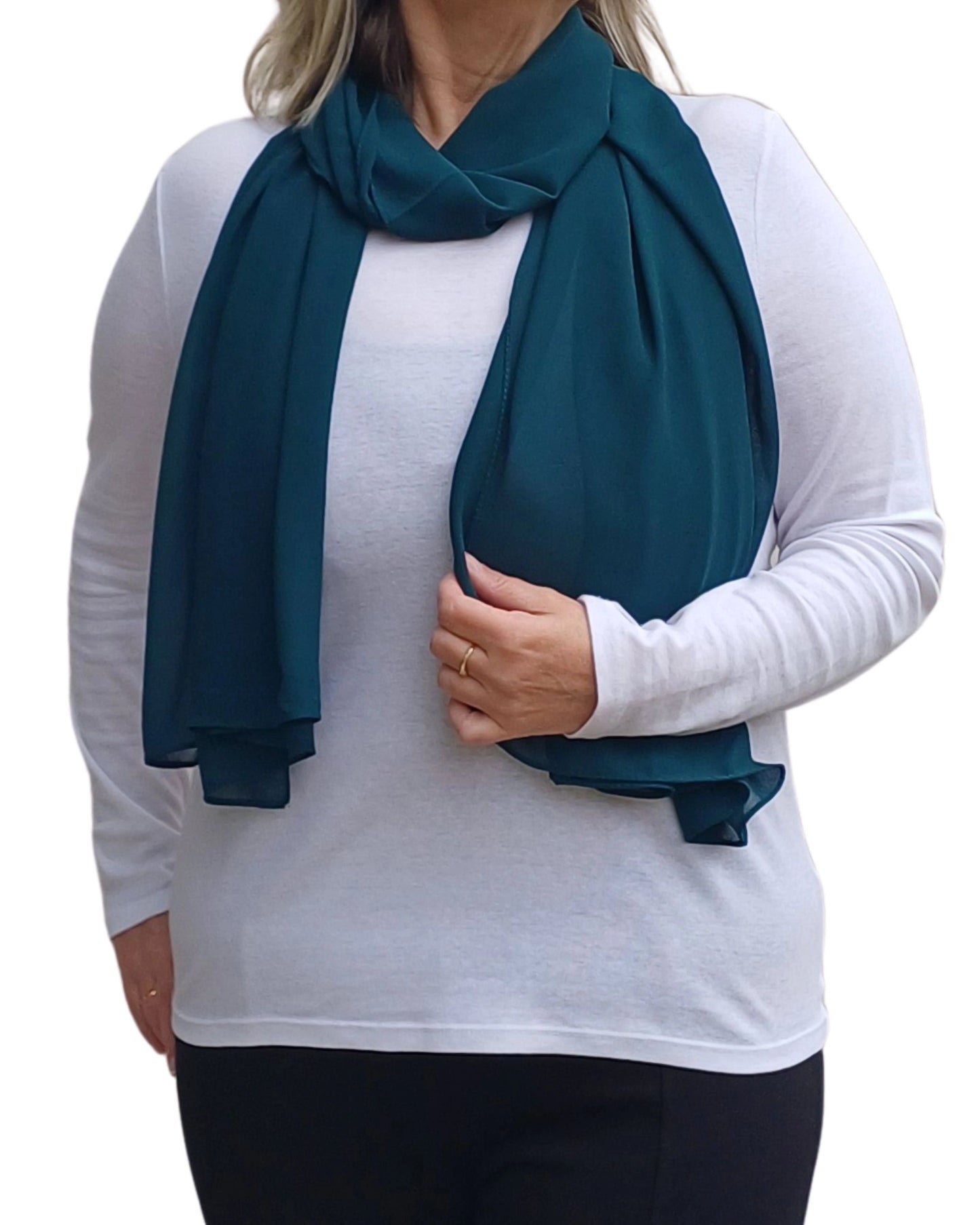 Dark teal chiffon scarf elegantly draped on model, perfect for parties and gifting — Aurora’s Array UK