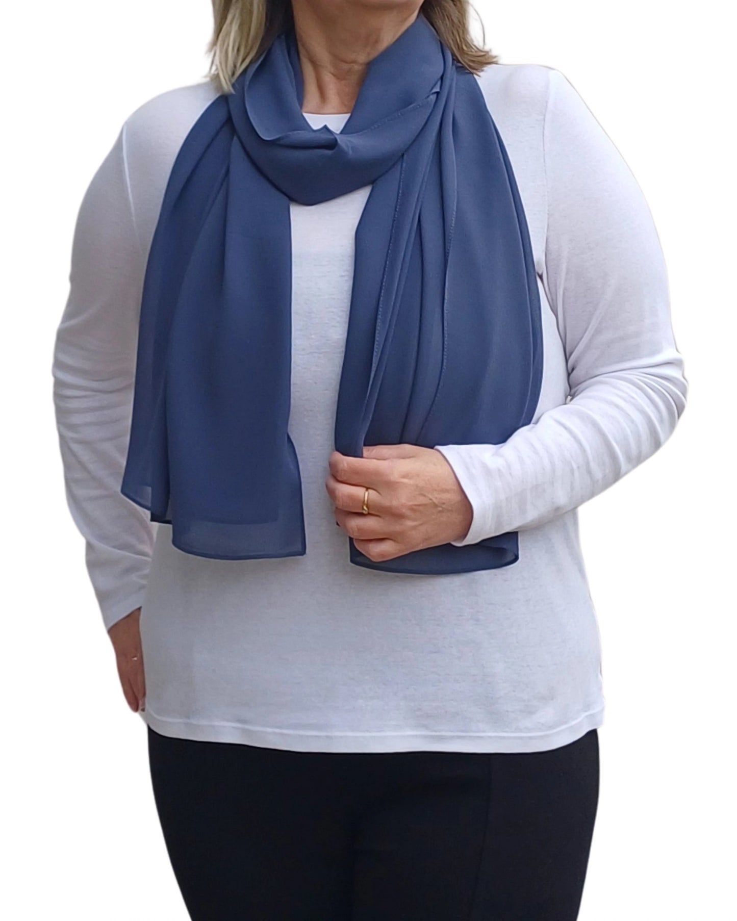 Denim blue chiffon scarf draped on model, stylish party and gifting idea — Aurora’s Array UK
