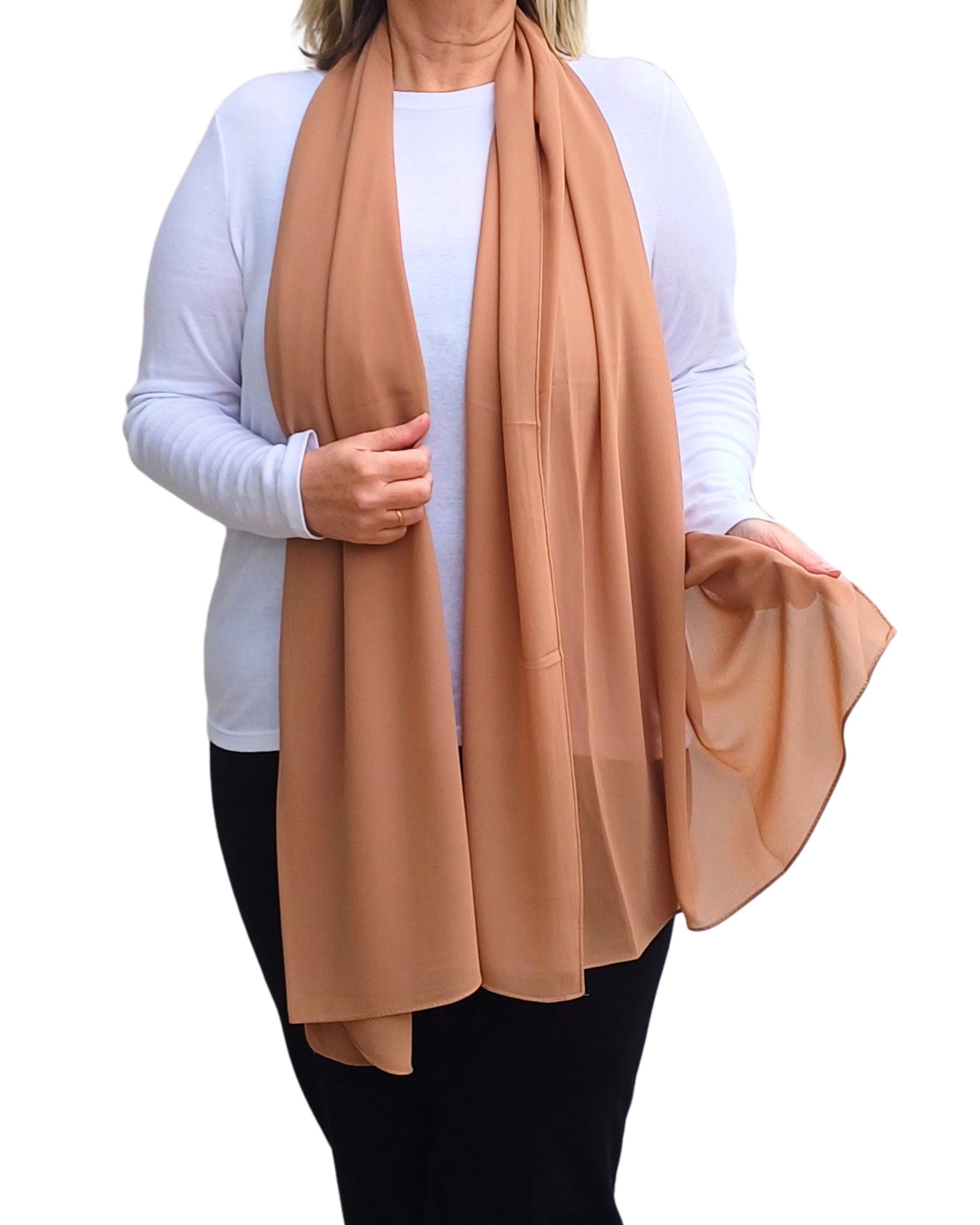 Latte chiffon scarf shown on model, warm neutral lightweight wrap for elegant outfits — Aurora’s Array UK