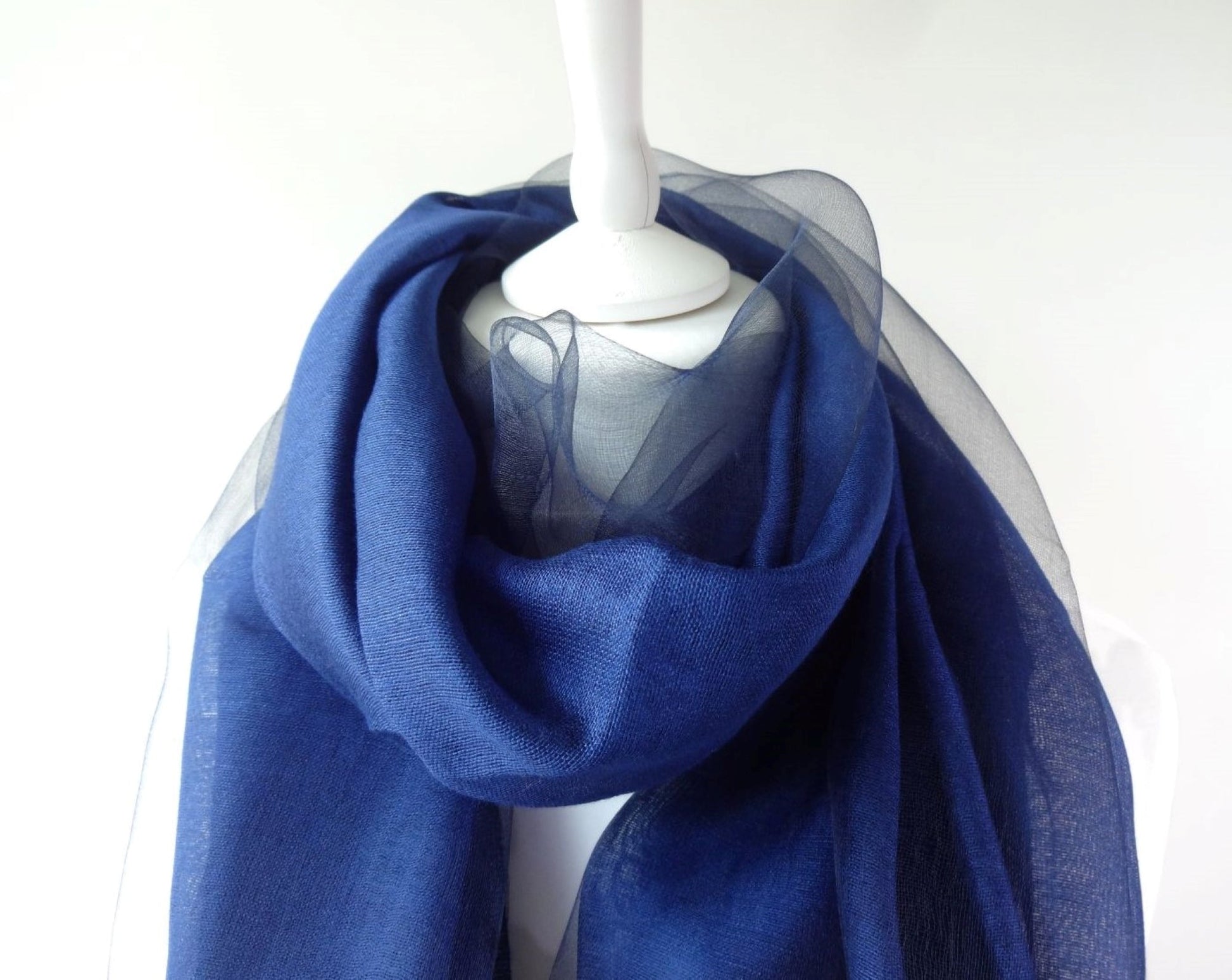 Navy blue double layer organza silk scarf with sheer detail
