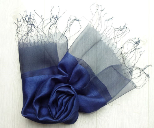 Navy Blue Plain Double Layer Lightweight Organza Silk Scarf|Wrap|Shawl - navy-blue-plain-double-layer-lightweight-organza-silk-scarf-wrap-shawl-Shawl
