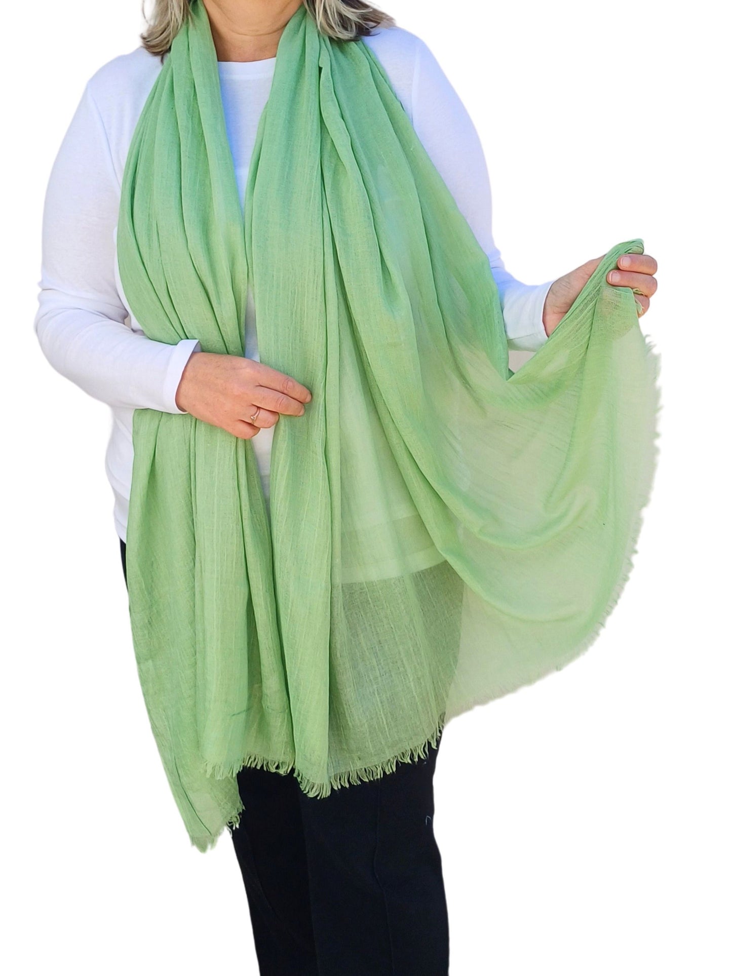 plain pastel green soft, cozy large cotton modal scarf shawl, perfect for summer, spring, autumn, winter, worn by a model. - Aurora's Array