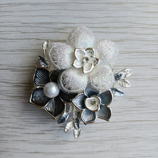 White Pearl black and silver magnetic floral brooch for scarves jackets and dresses