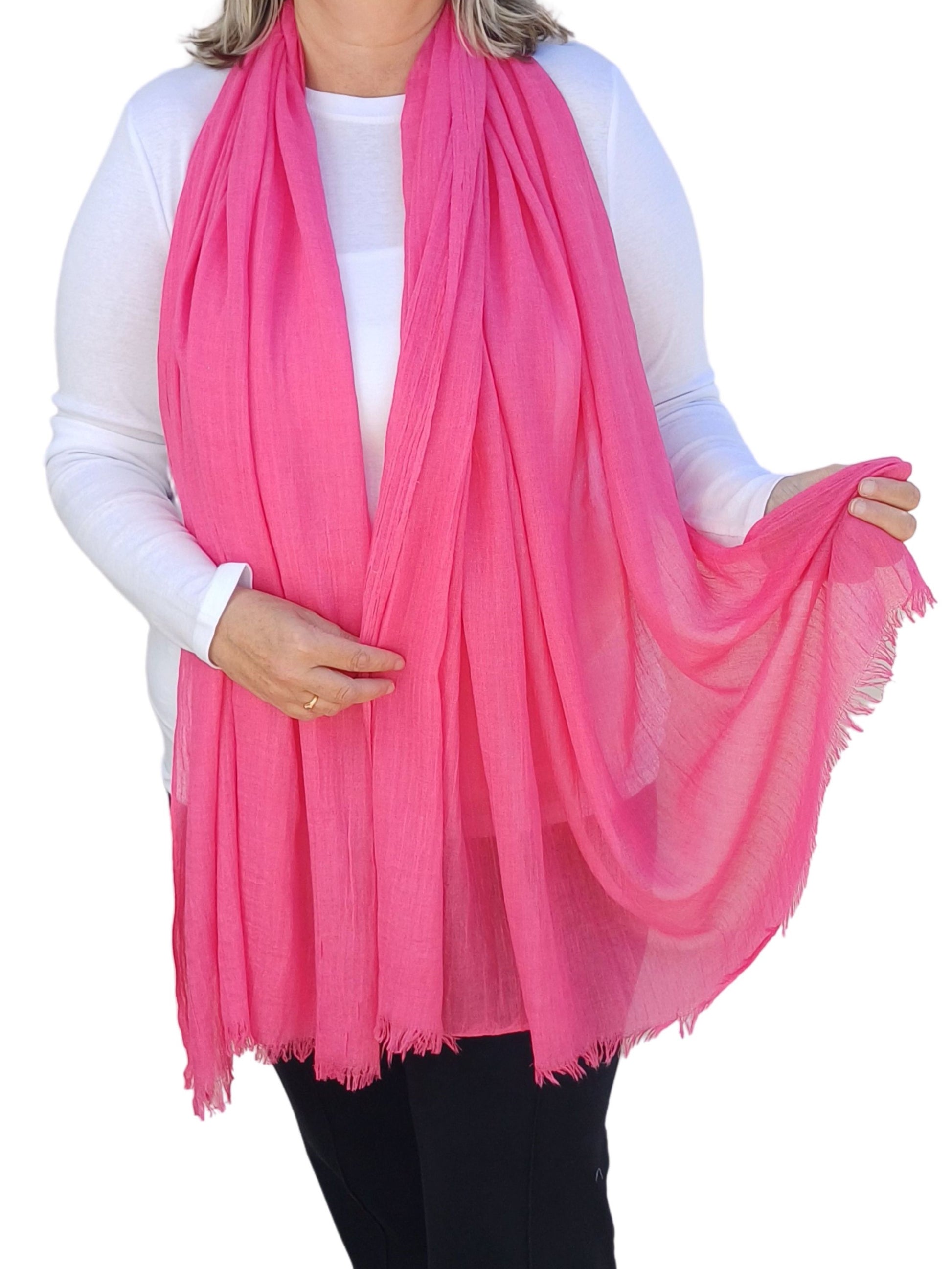 plain hot pink soft, cozy large cotton modal scarf shawl, perfect for summer, spring, autumn, winter, worn by a model. - Aurora's Array