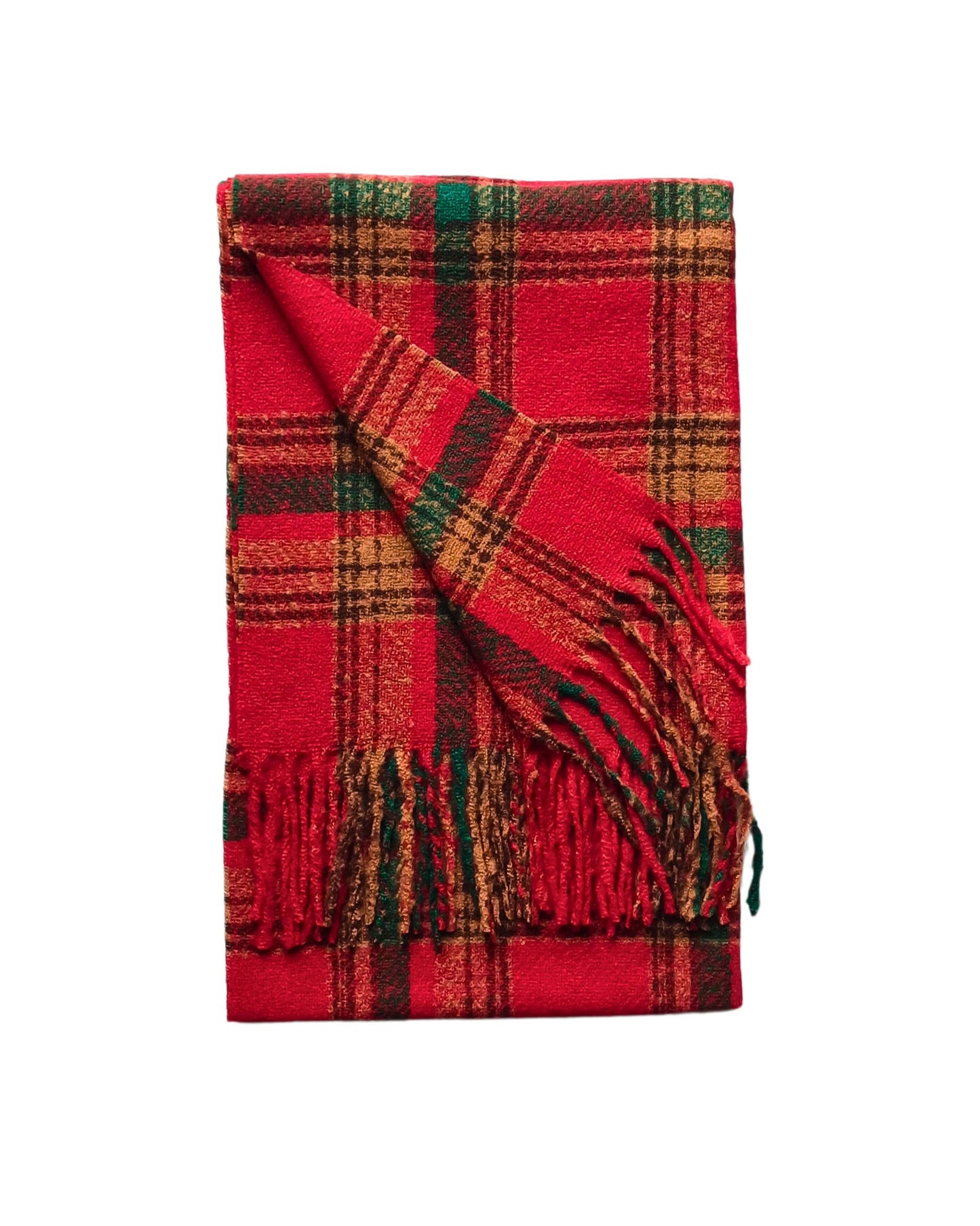 Aurora's Array: Folded red tartan scarf with green and brown accents and fringed edges, suggesting a cosy gift.