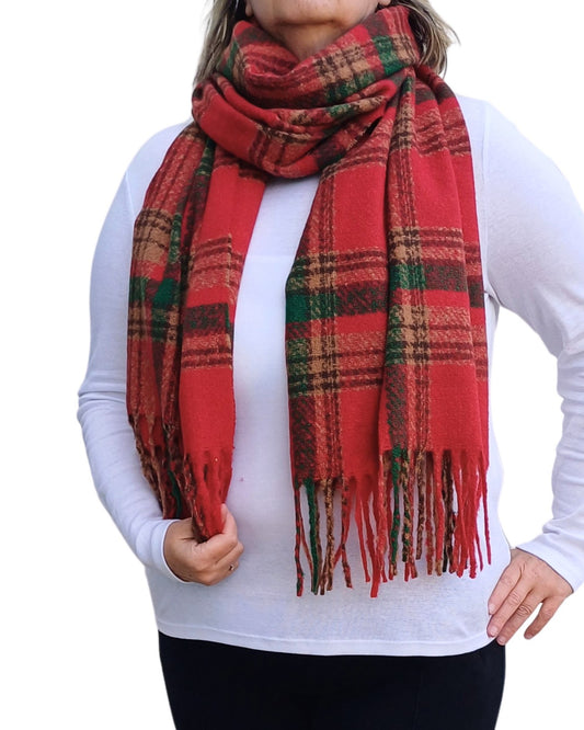 Aurora's Array: Woman models a cosy red tartan scarf with green and brown accents and fringed edges.