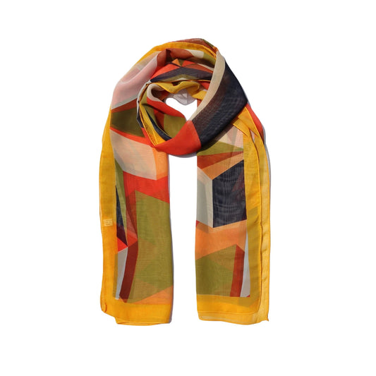 Lightweight chiffon-style scarf with retro geometric print in mustard yellow tones