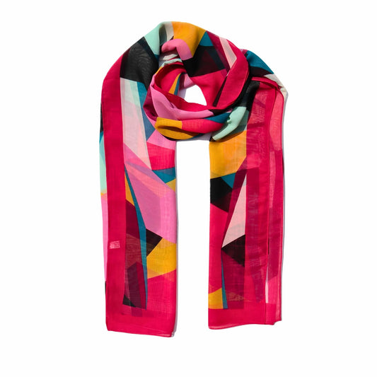 Lightweight scarf with retro block print in pink, red, yellow and black tones