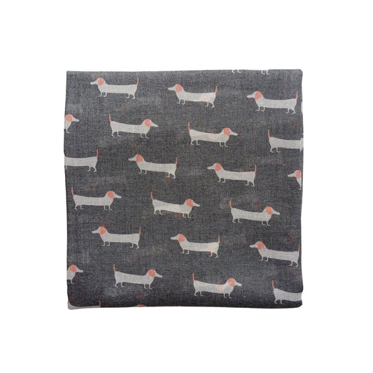 Charcoal grey sausage dog scarf with dachshund print on white background
