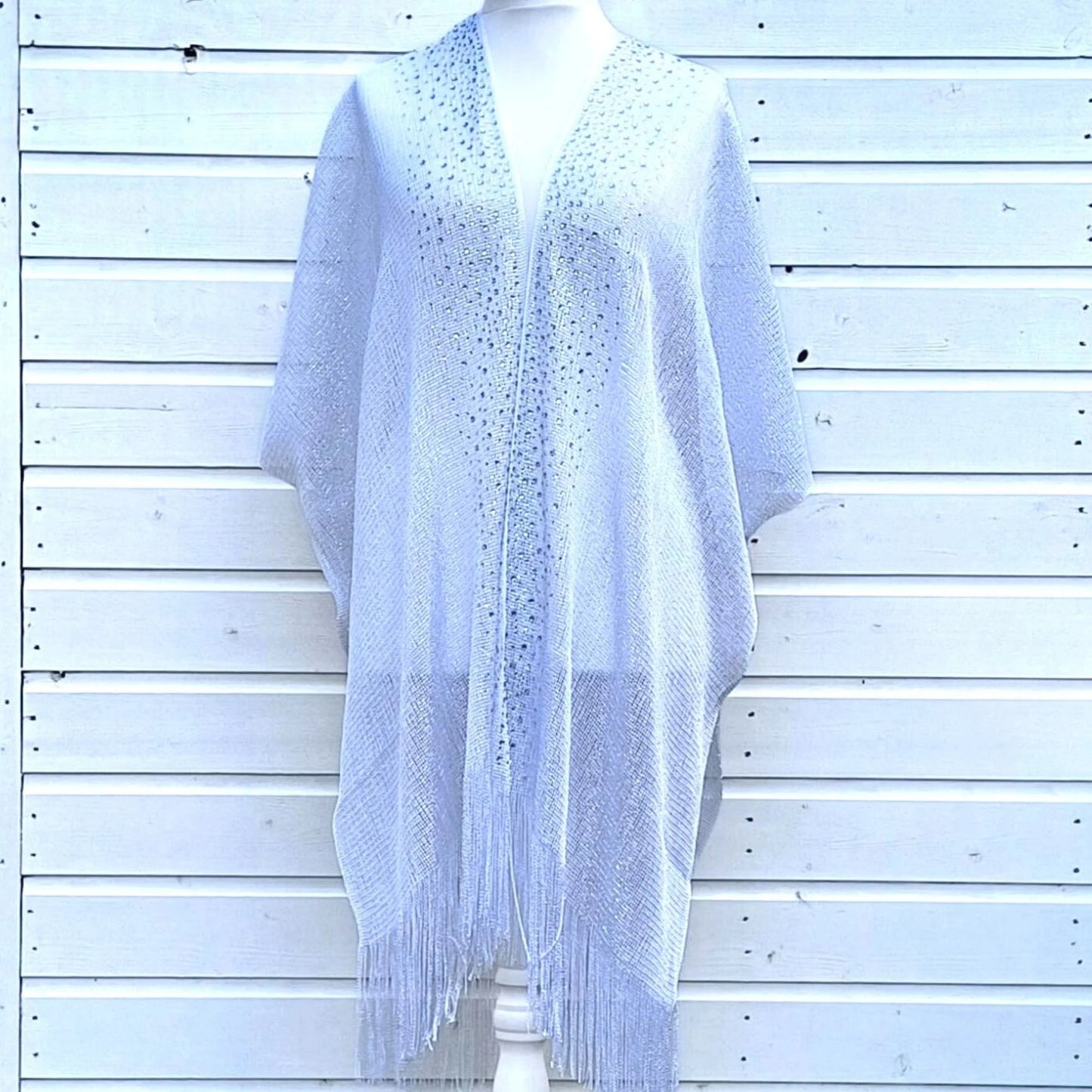 Silver colour sparkly lace kimono cover‑up with rhinestone scatter and swingy fringe, lightweight layer for resort or festivals, one size.