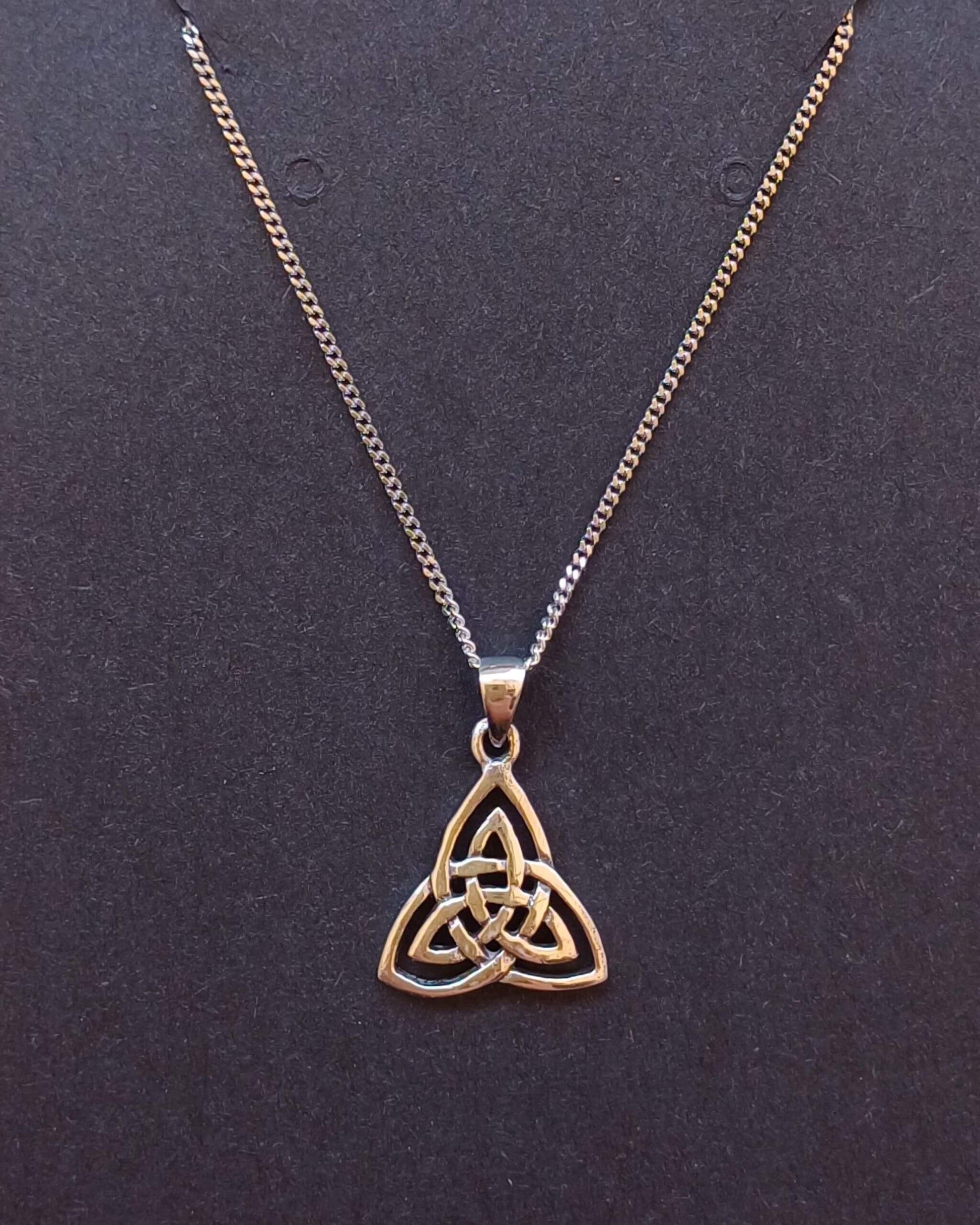 Sterling silver Celtic triangle pendant with trinity knot design on rhodium-plated chain