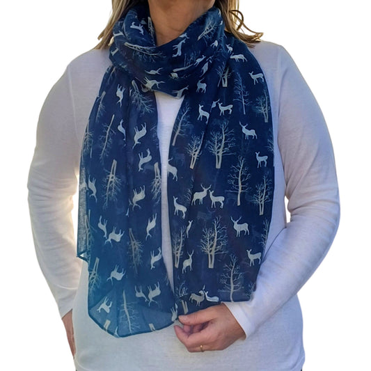 navy winter deer scarf on model auroras array