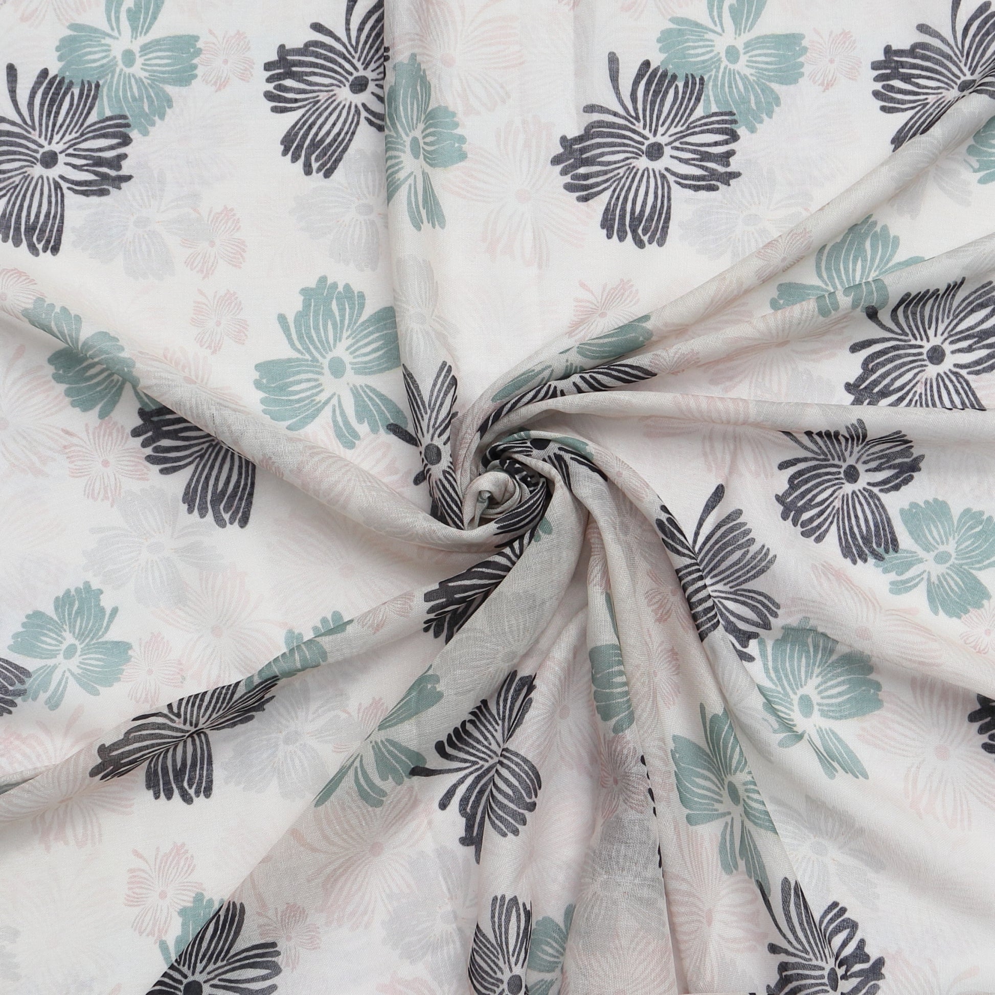 Aurora's Array: Close-up of a lightweight pale pink scarf with a floral print in shades of grey, blue, and green, swirled to show detail.