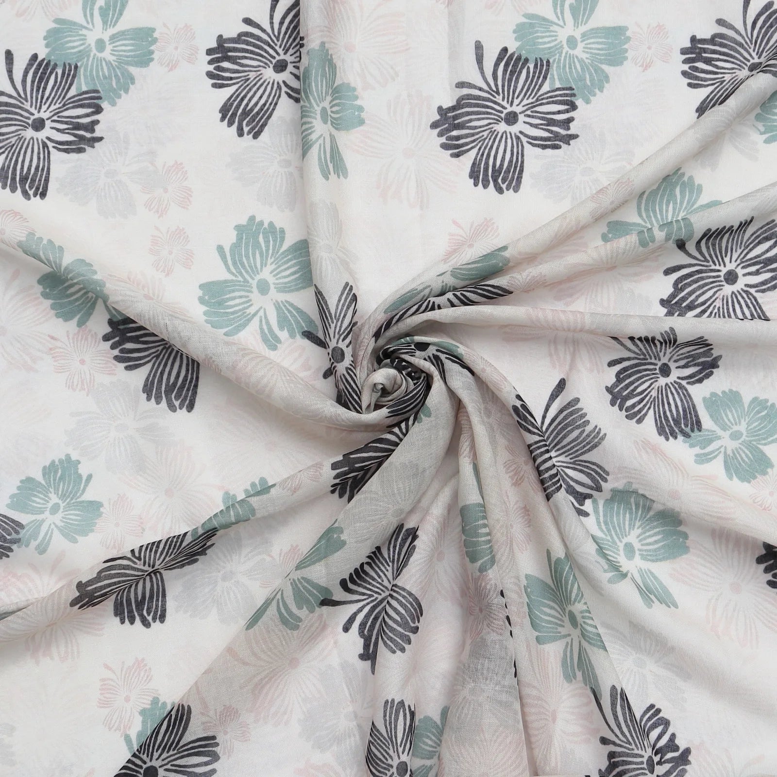 Lightweight pale pink scarf with floral print in black green and soft pink swirled to show texture