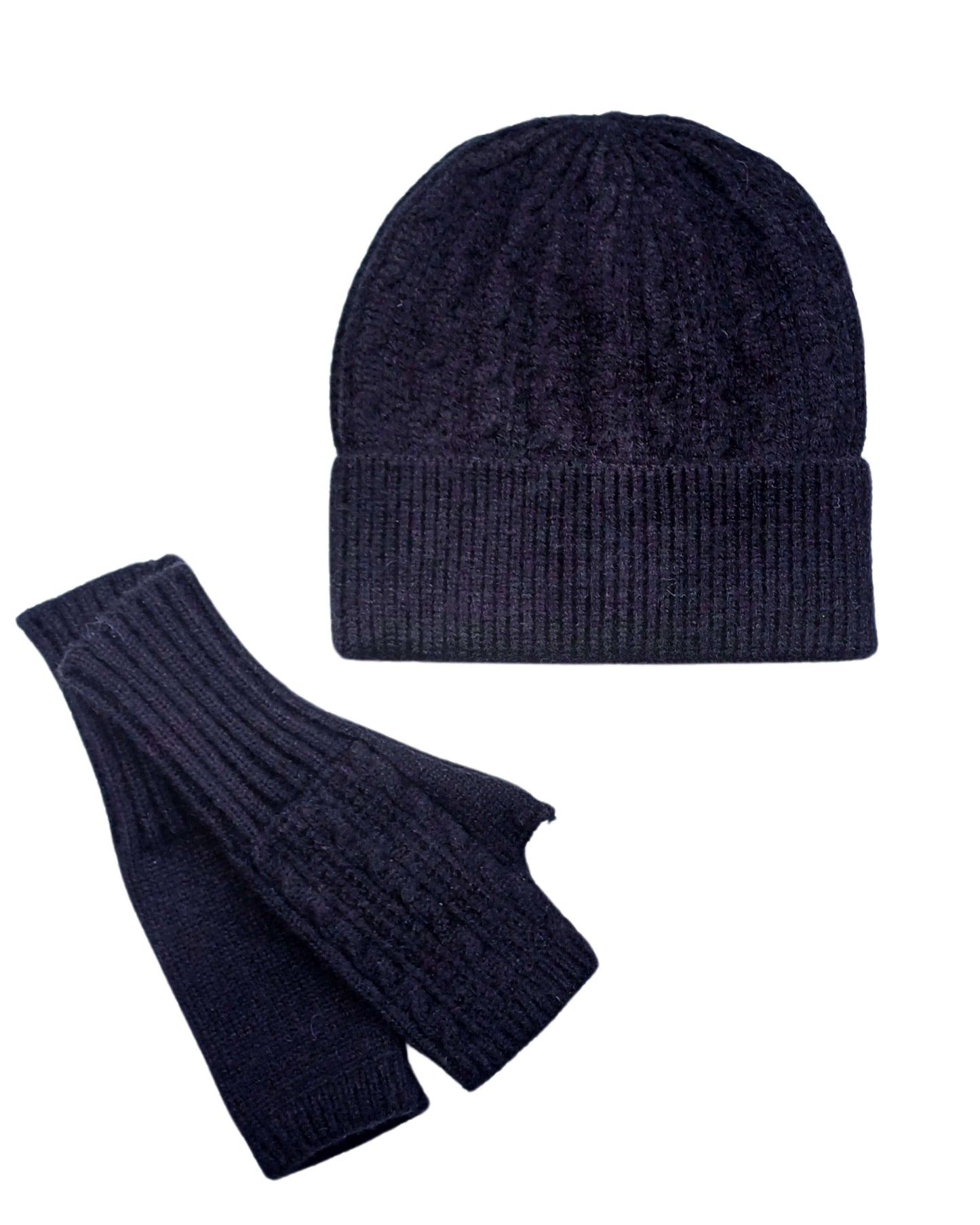 Aurora's Array Forest Green Wool Mix Beanie and Fingerless Gloves Set: A matching set of a black knitted beanie hat with a ribbed brim and a pair of fingerless gloves with a ribbed texture and a cable knit detail on the gloves