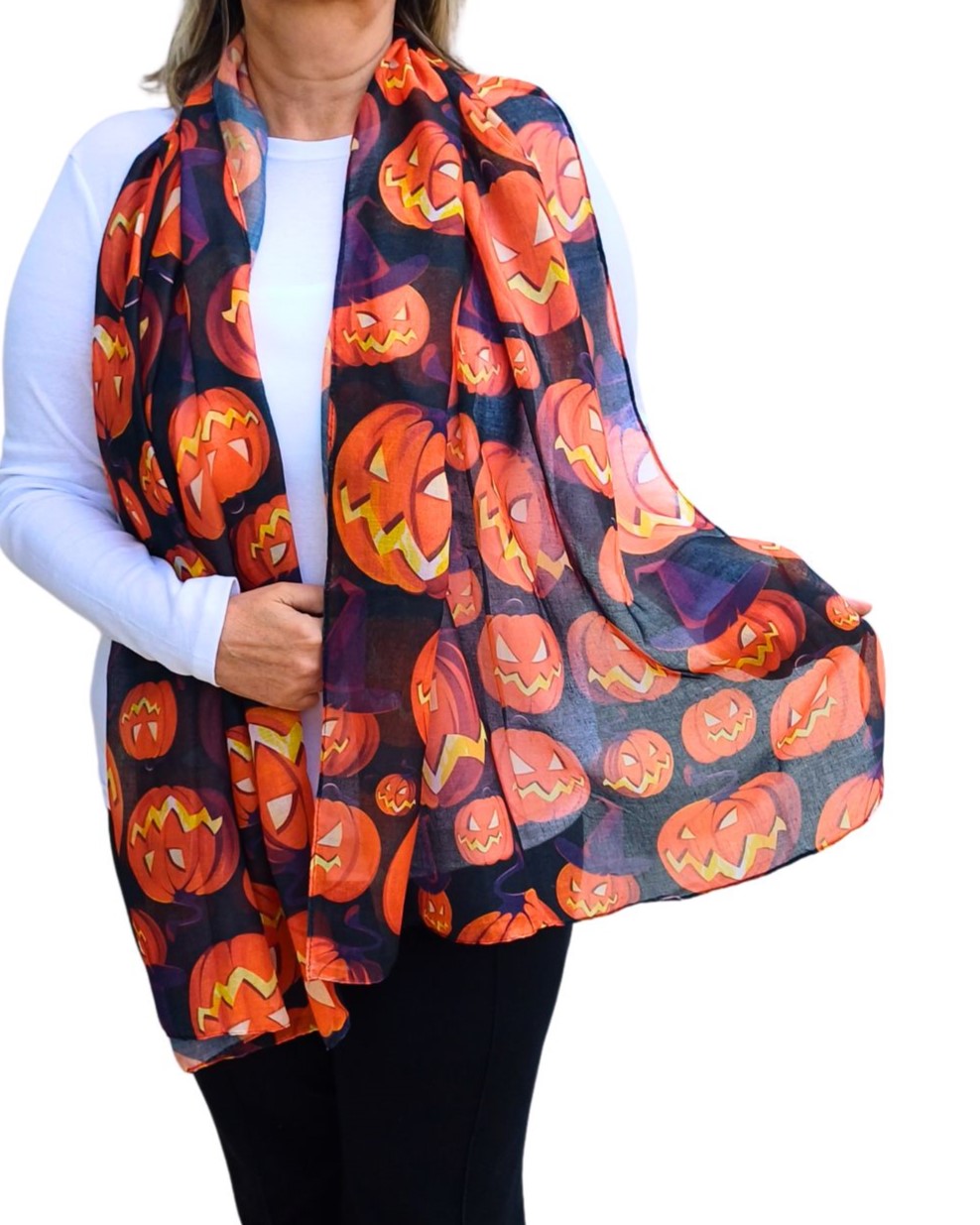 Aurora's Array: Spooky Cute: Halloween Pumpkin Scarf on a model