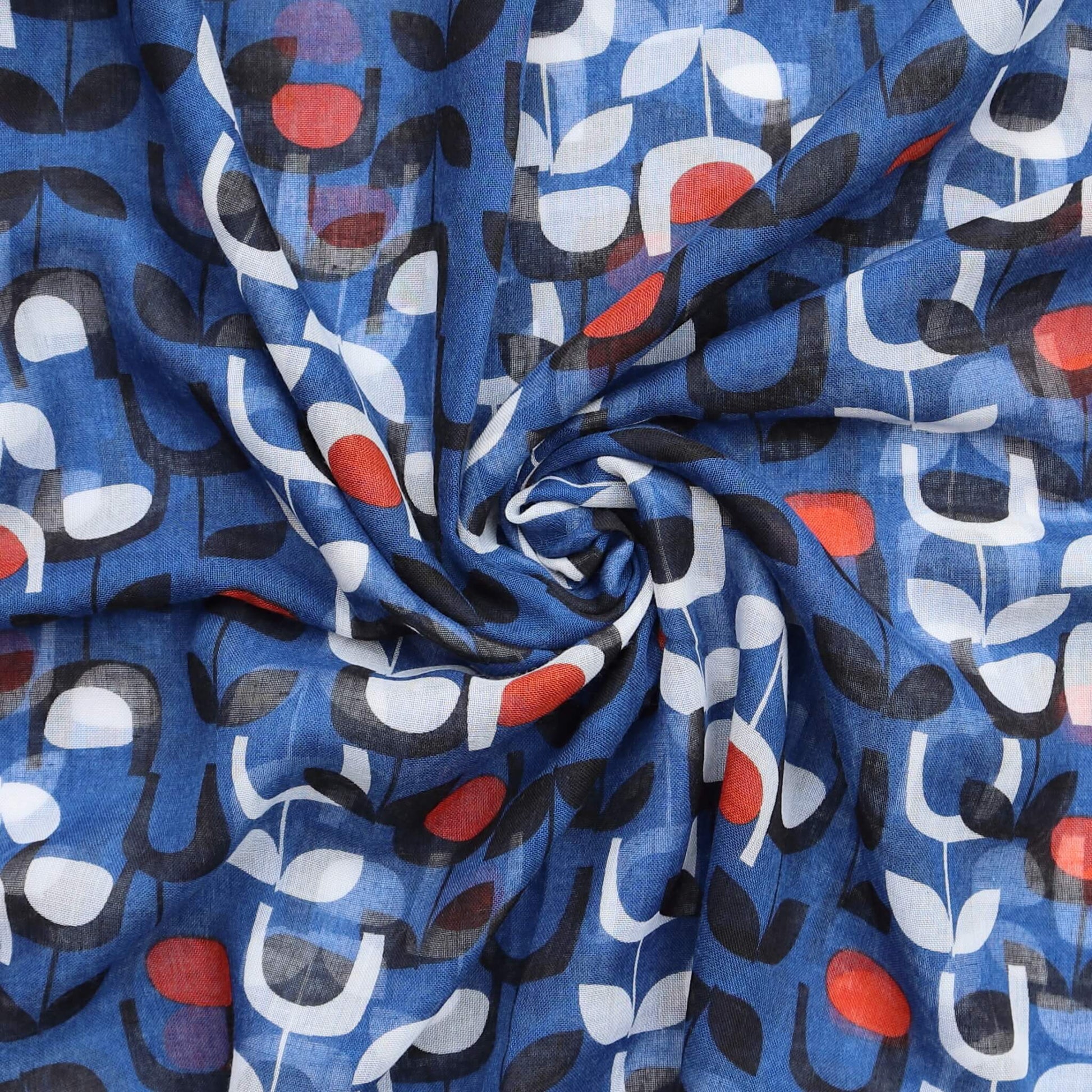 Aurora's Array: Close-up of a soft, lightweight scarf with a retro floral print in shades of blue, white, orange, and black, swirled to show detail.