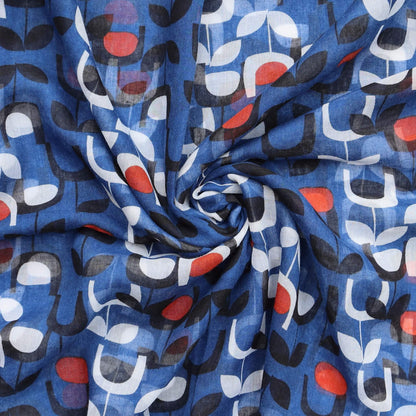 Aurora's Array: Close-up of a soft, lightweight scarf with a retro floral print in shades of blue, white, orange, and black, swirled to show detail.