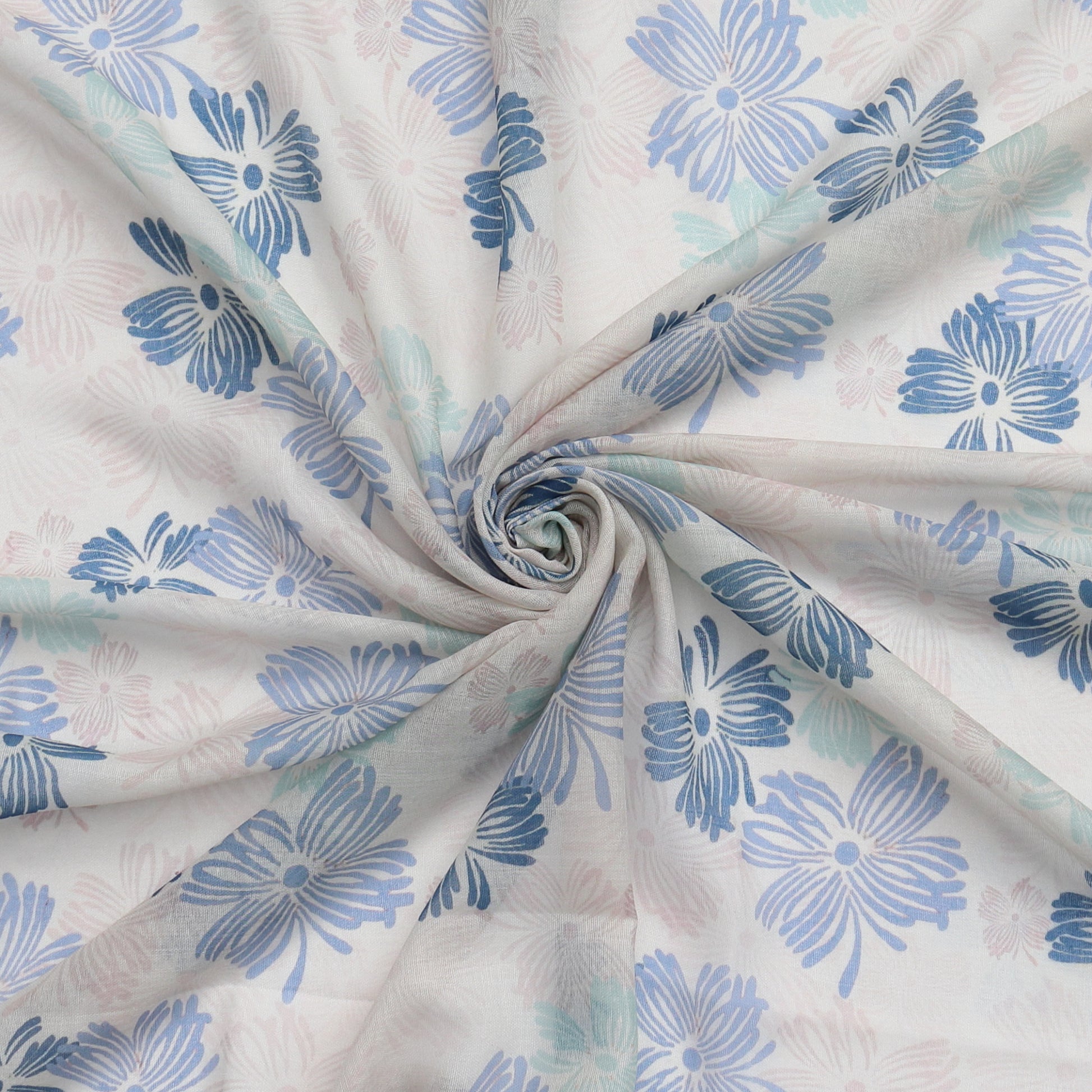 Aurora's Array: Close-up of a lightweight pale grey scarf with a blue floral print, swirled to show detail.