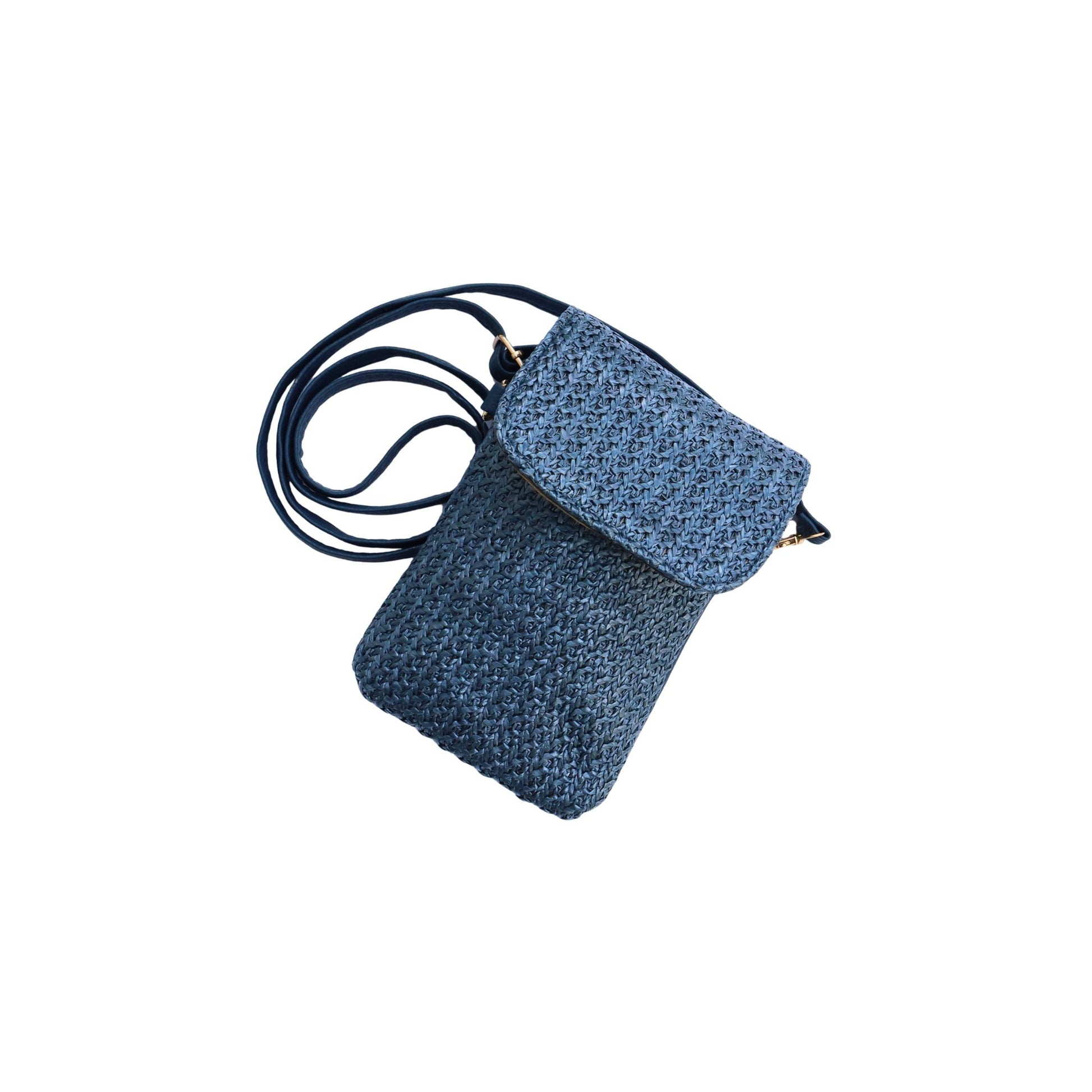 Aurora's Array: Small blue woven crossbody phone bag with a flap closure and adjustable strap.