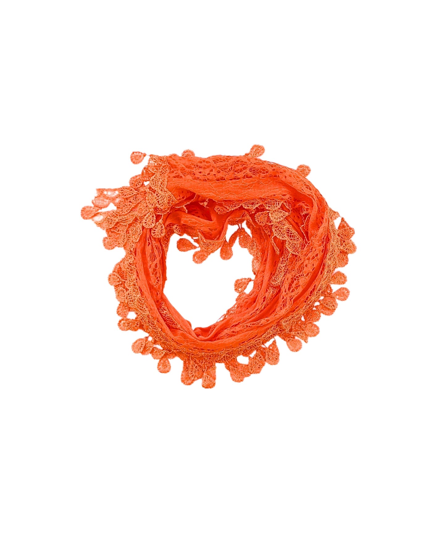 Aurora's Array: A vibrant orange scarf made of delicate lace with a leaf-like pattern and fringed edges, forming a circular shape.