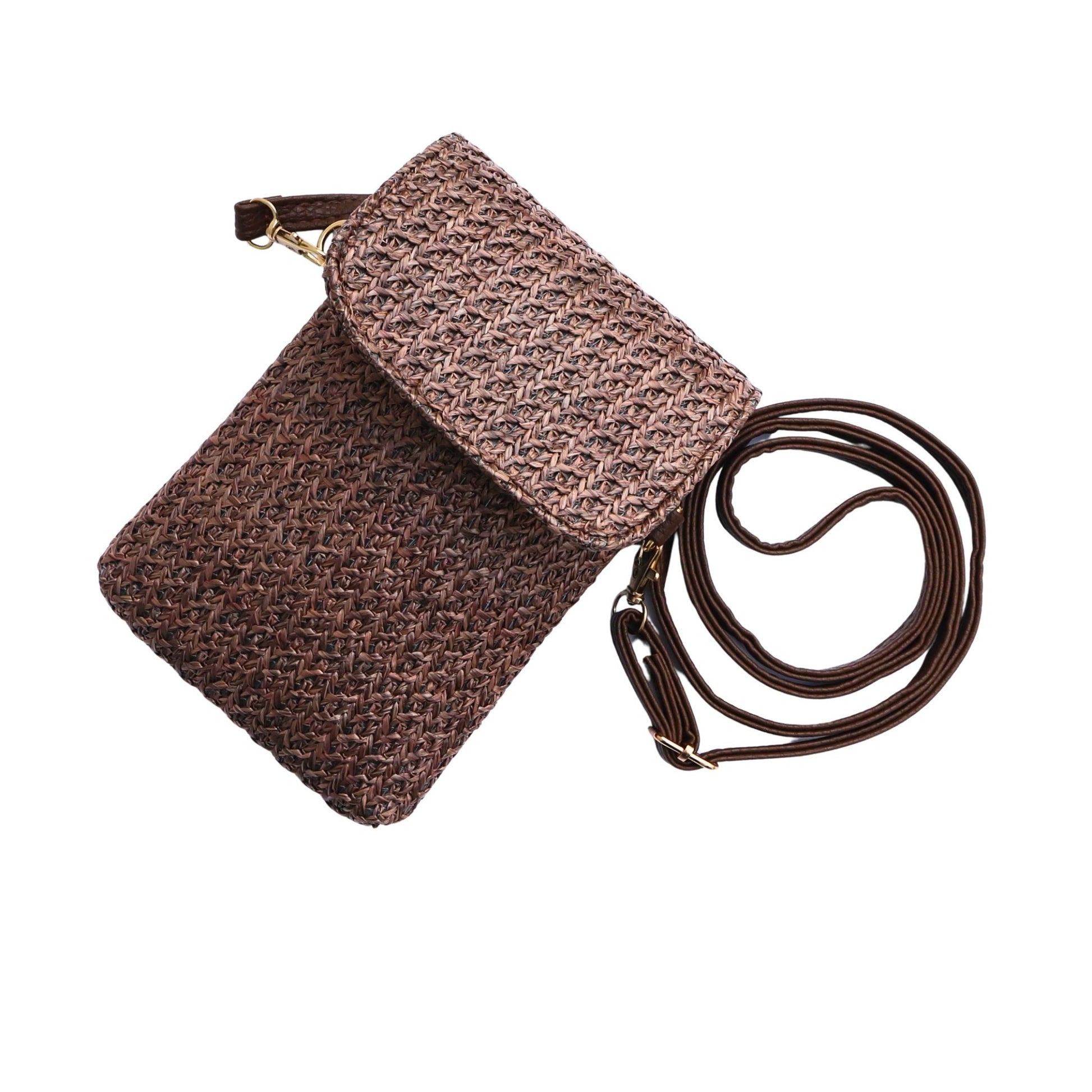 Aurora's Array: Small brown woven crossbody phone bag with a flap closure and adjustable strap.
