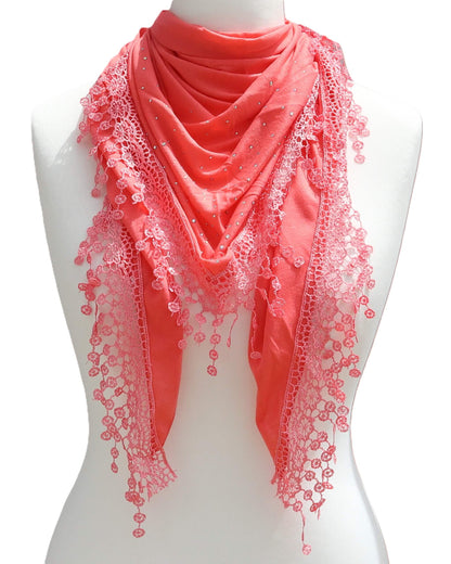 Aurora's Array: Coral soft lightweight triangle scarf with delicate lace trim and subtle silver embellishments, displayed on a mannequin.