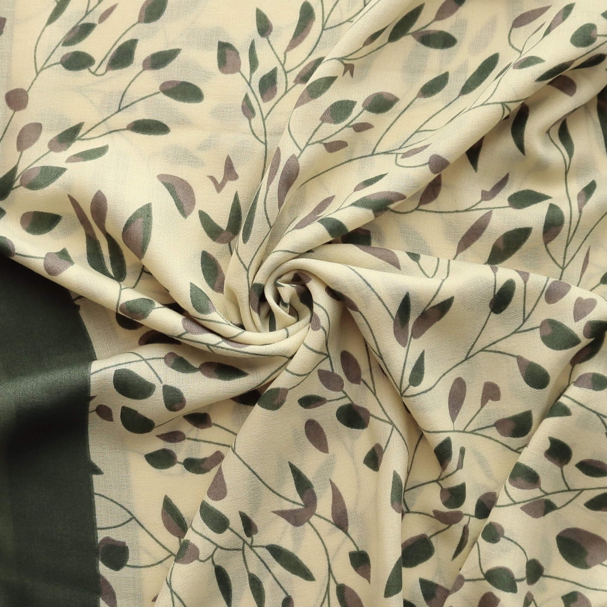 Aurora's Array: Cream-&-Olive-Lightweight-Scarf-with-Leaf-Print-Pattern