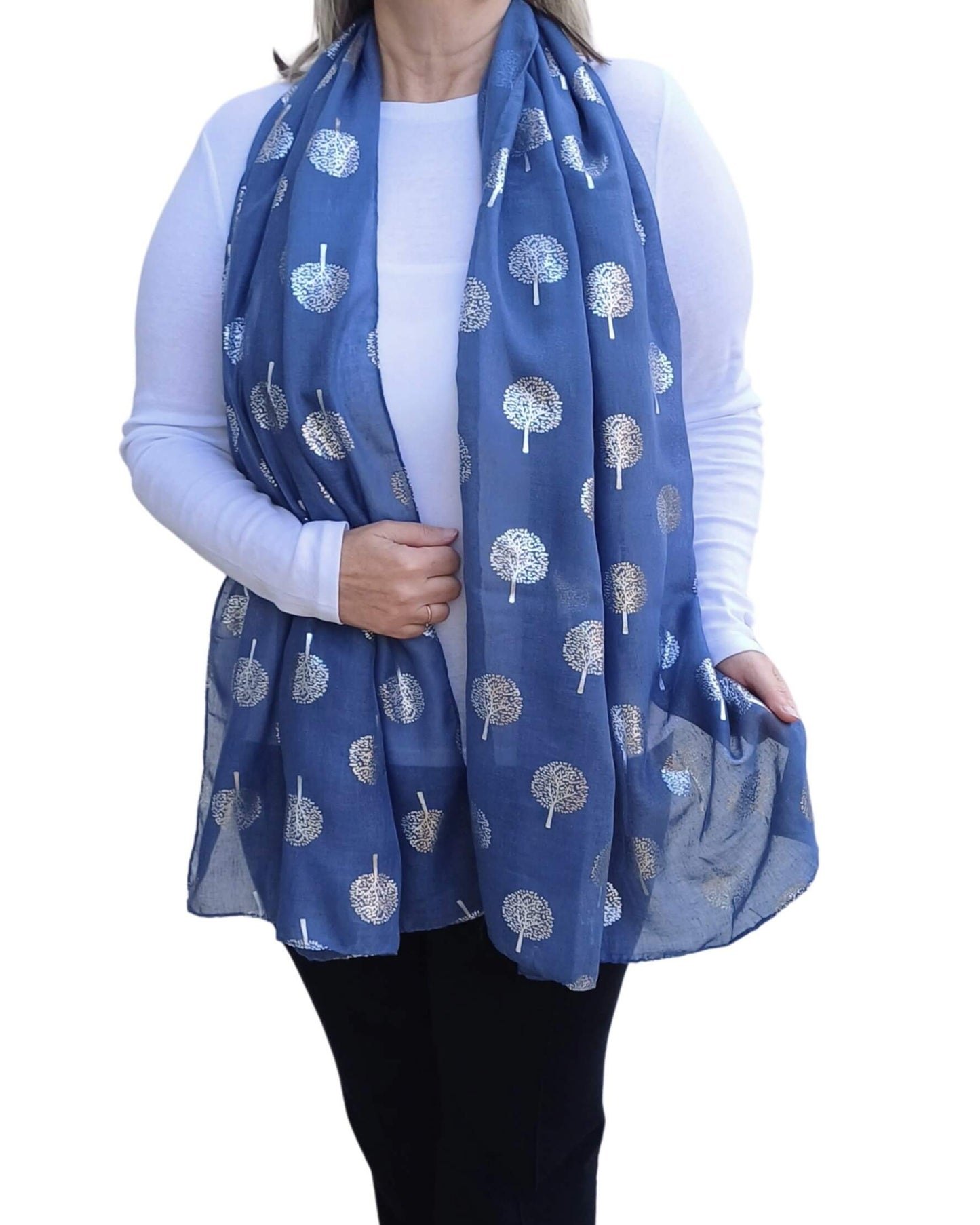 Silver Tree Of Life Print Lightweight Soft Cotton Mix Scarf