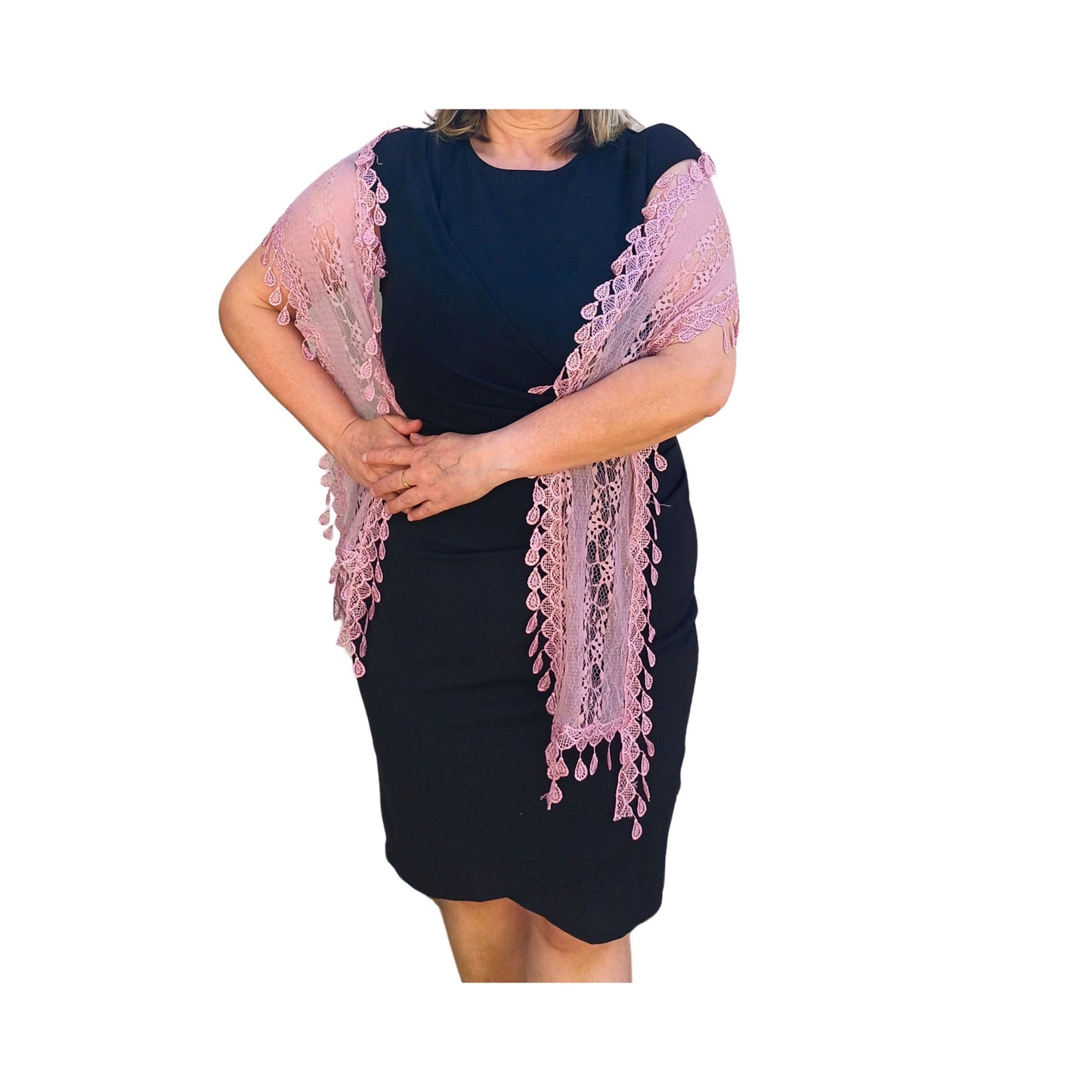 Aurora's Array: Woman models a soft mauve-coloured, light pink lace scarf with a delicate leaf-like pattern and fringed edges.