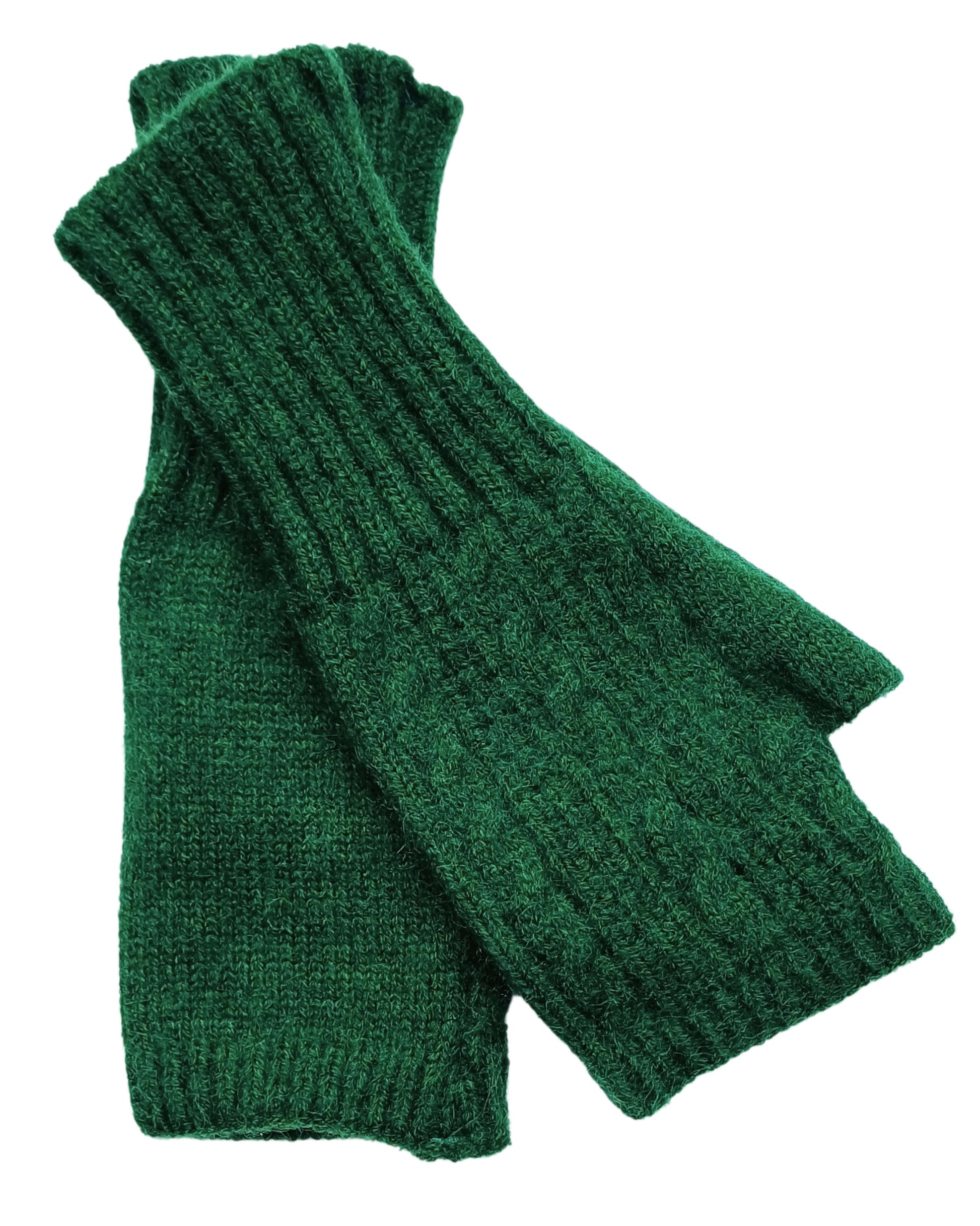Aurora's Array: Forest-Green-Knitted-Fingerless-Gloves-Flat-Lay-Close-Up