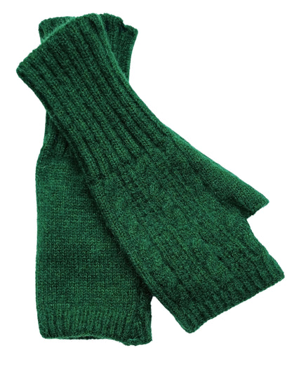 Aurora's Array: Forest-Green-Knitted-Fingerless-Gloves-Flat-Lay-Close-Up