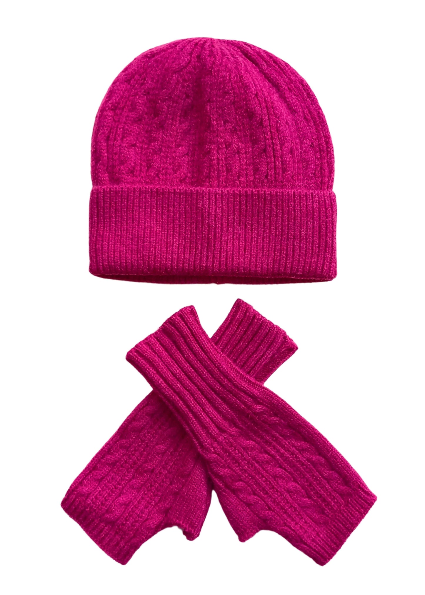 Aurora's Array Forest Green Wool Mix Beanie and Fingerless Gloves Set: A matching set of a fuchsia pink knitted beanie hat with a ribbed brim and a pair of fingerless gloves with a ribbed texture and a cable knit detail on the gloves